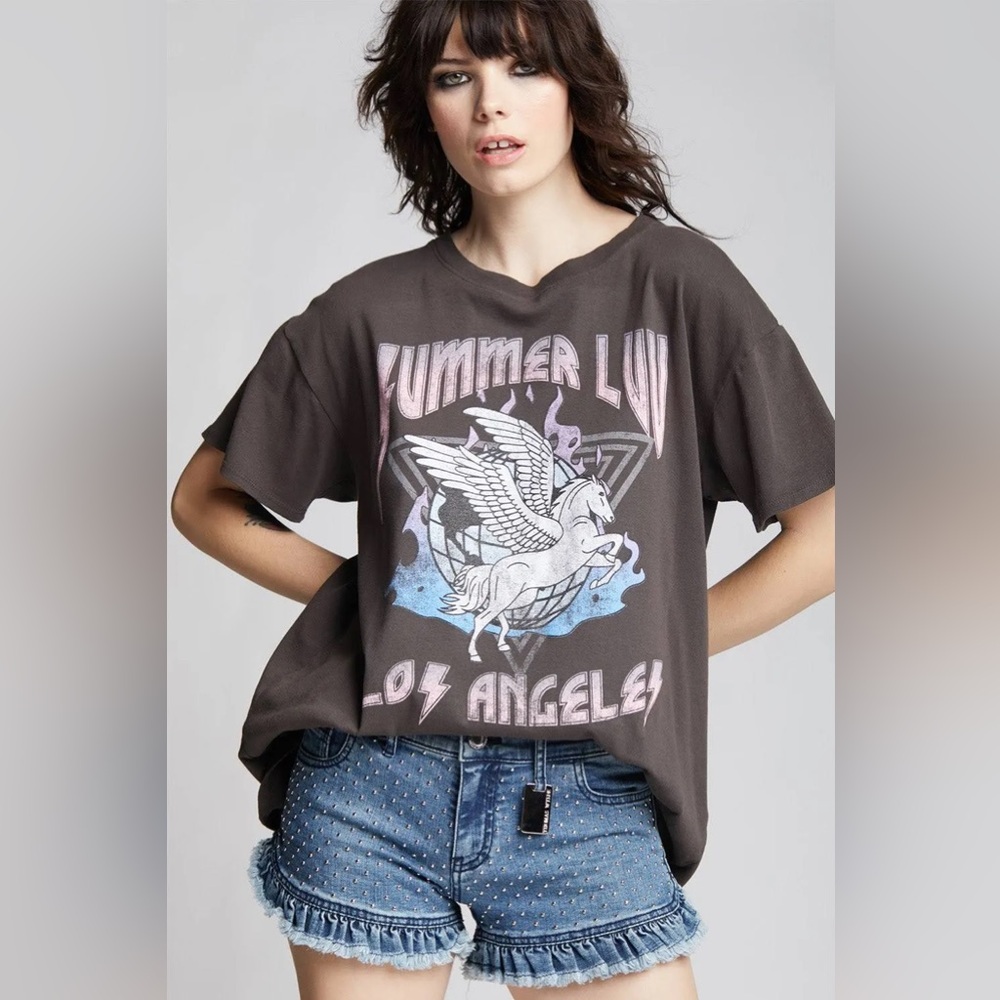 Recycled Karma OddPeople Summer Luv‎ Los Angeles Unicorn Black Graphic Tee